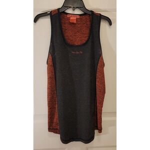 Cowgirl Tuff BLACK & MAROON RACER BACK TANK TEE  L says "Never Give Up" On Front